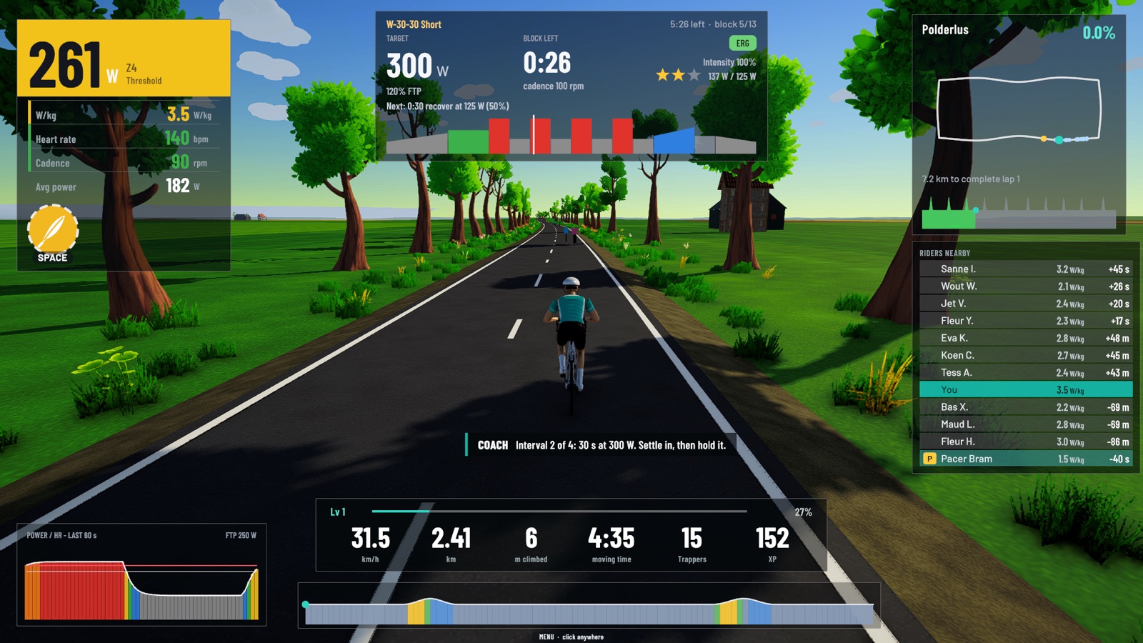Een workout met doelvermogen, blokken en een coachbericht